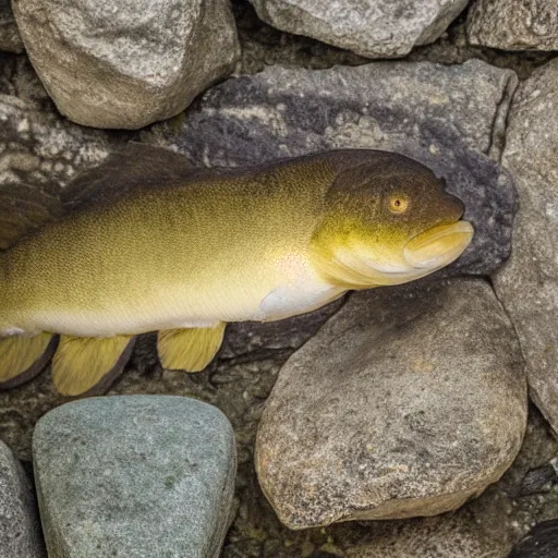 Image similar to an barely visible tench hidden behind by a stone, occluded