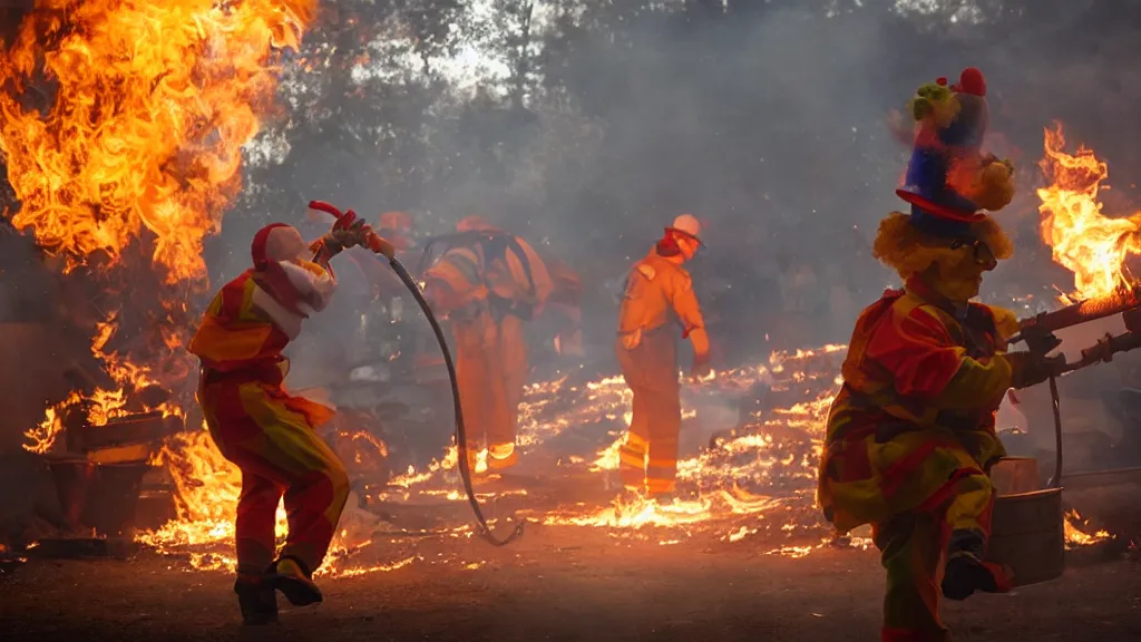 Prompt: photo of a clown using a flamethrower. In the background there is a fire. award-winning, highly-detailed, 8K