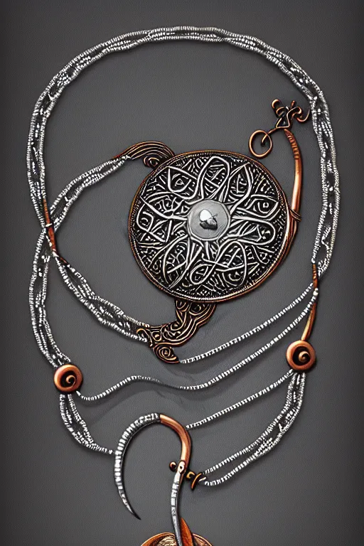 Image similar to Necklace made of silver,nordic, kalevala, Copper lining ,intricate, elegant, highly detailed, digital painting, artstation, concept art, addiction, chains, smooth, sharp focus, illustration, art by Ilja Repin