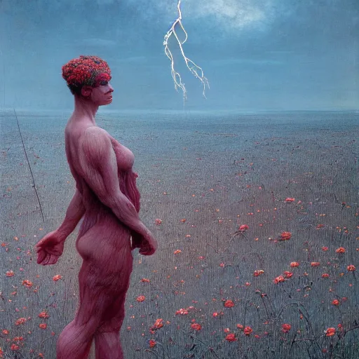 Prompt: A woman wearing clothes made out of thunder clouds and flowers, giant monsters walking in the distance, red skin, Masterpiece, glowing, wires everywhere, by Edgar Maxence and Ross Tran, Zdzisław Beksiński, and Michael Whelan, distant, gustav dore, H.R. Giger, 8k, octane render