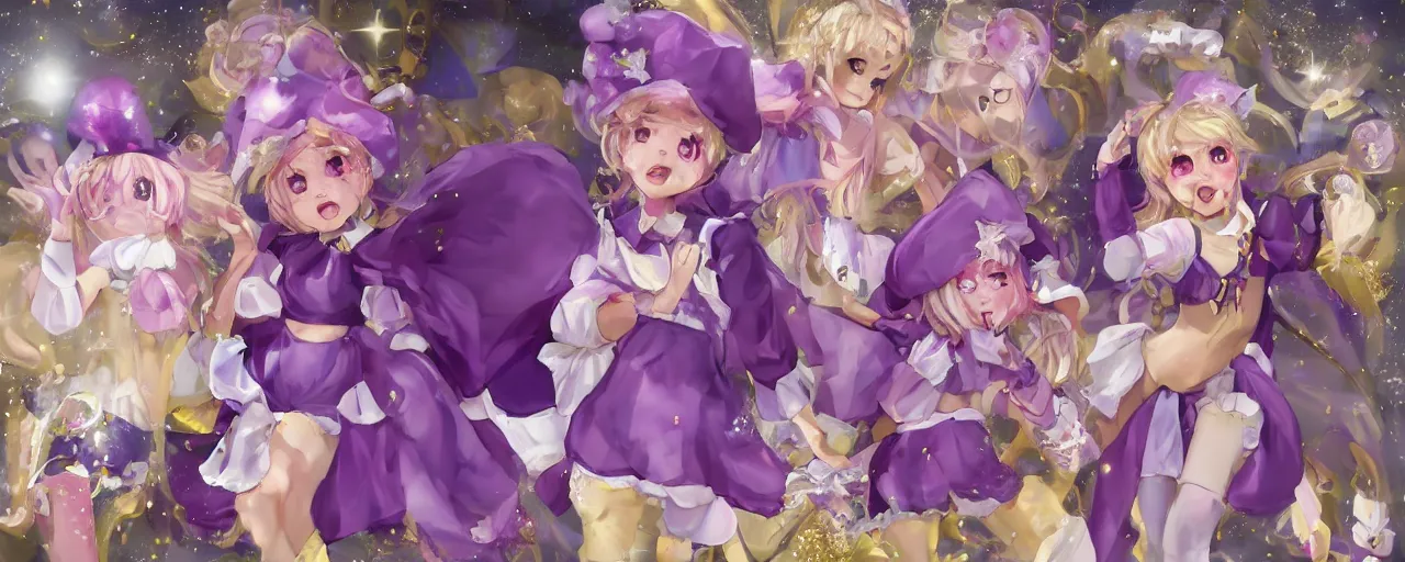 Image similar to A character sheet of full body cute magical girls with short blond hair wearing an oversized purple Beret, Baggy Purple overall shorts, Short Puffy pants made of silk, pointy jester shoes, a big billowy scarf, Golden Ribbon, and white leggings Covered in stars holding a paintbrush. Short Hair. Sunlit. Haute Couture. An artist\'s clothes. Art by william-adolphe bouguereau and Paul Delaroche and Alexandre Cabanel and Lawrence Alma-Tadema and Johannes Helgeson and WLOP. Smooth. Elegant. Highly Detailed. Intricate. 4K. UHD. Denoise.