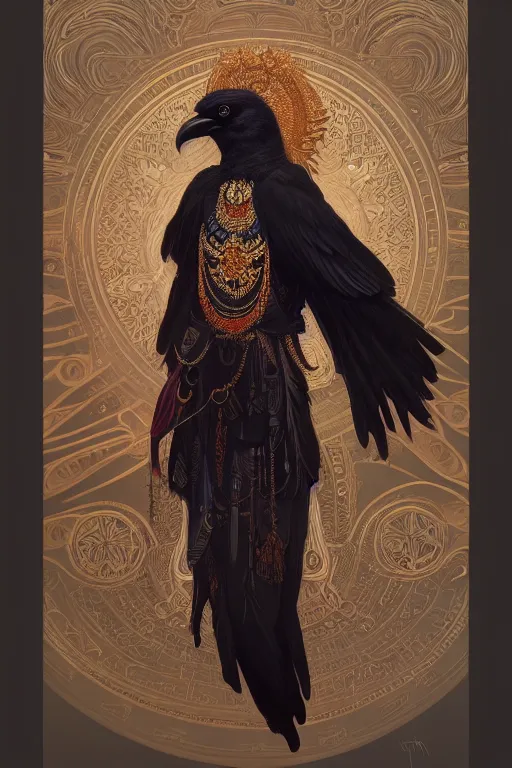 Prompt: painting of a crow goddess, decorated, intricate, elegant, highly detailed, digital painting, artstation, concept art, smooth, sharp focus, illustration, art by artgerm and greg rutkowski and alphonse mucha, 8 k