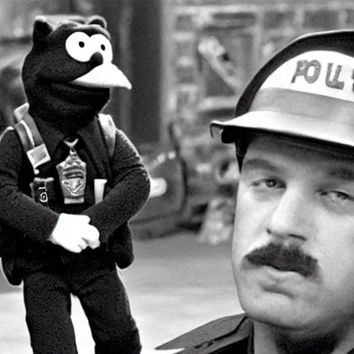 Image similar to film still of elmo as a rough looking cop on the beat trying to take down the bad guys