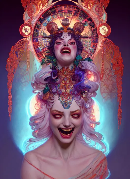 Image similar to the goddess hera laughing maniacally, paper tunic, glowing eyes, volumetric lights, red and cyan theme, art nouveau botanicals, intricate, highly detailed, digital painting, artstation, concept art, smooth, sharp focus, cinematic, illustration, art by artgerm and greg rutkowski and alphonse mucha