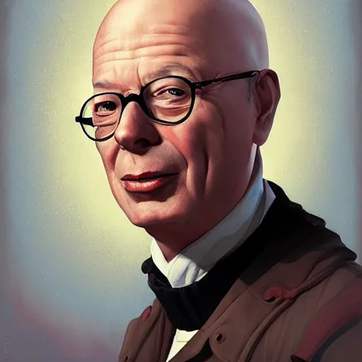 Image similar to lofi Klaus Schwab as a vampire portrait, digital art, Pixar style, by Tristan Eaton Stanley Artgerm and Tom Bagshaw.