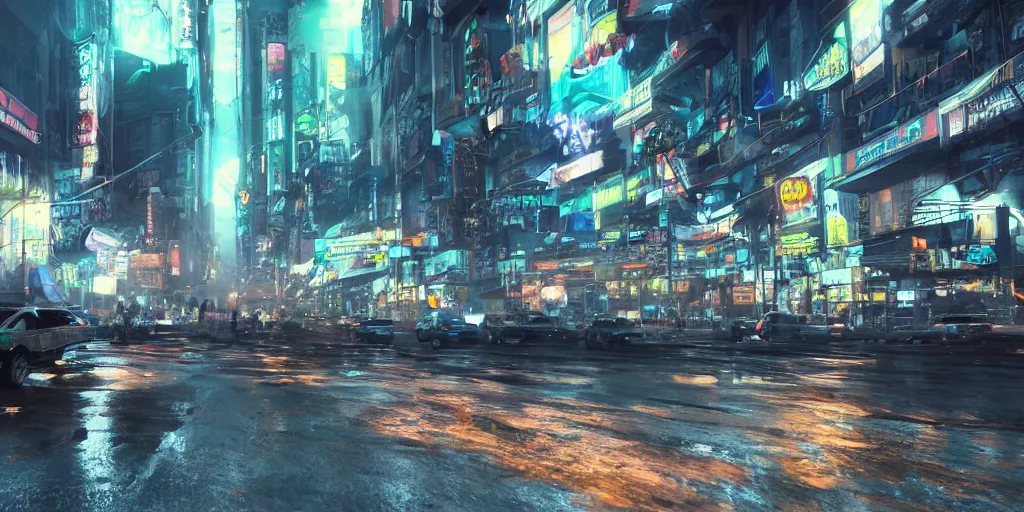 Image similar to a 3 d rendered in unreal engine guatemalan cyberpunk city with flying cars with neon ads and signs with evocative dramatic mood with blade runner vibe with motion blur with depth of field with bloom with lightshaft with volumetric lights, fog, by jeremy mann, oscar winning graphics, photo realistic, bloom, imax, dynamic lighting, artstation,