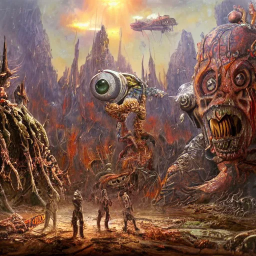 Prompt: extraterrestrial brutal warfare between rival warlords, violent, on ancient post - apocalyptic planet, jim henson creature shop, vivid and colorful, thomas kincaid, cinematic, oil painting, highly detailed, illustration