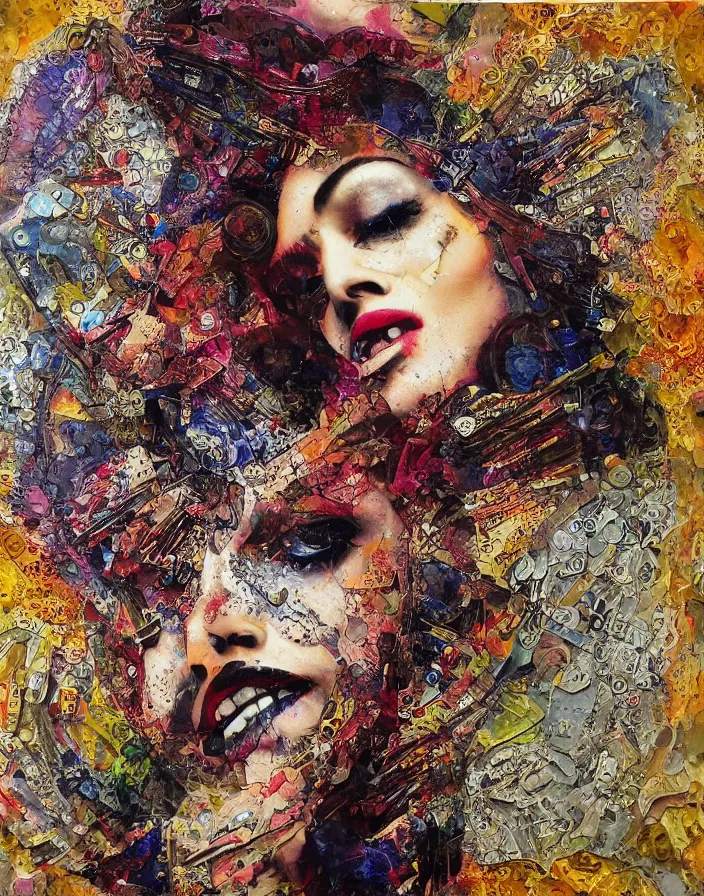 Prompt: celestial orgasm detailed and highly reliefed analogue mixed media collage with canvas texture in style of conteporary art, punk art, hyperrealistic beautiful face, photorealistic, expressionism, masterpiece, perfect composition, spectacular quality, intricate oil details