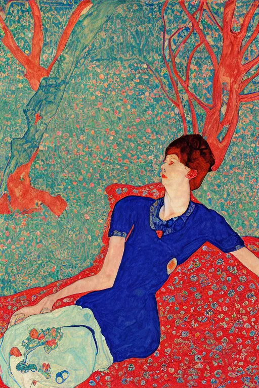 Image similar to girl waer detailed red arabesque blue dress and lay down on a detailed navy persian carpet with a big tree palm persian pot, painting by egon schiele