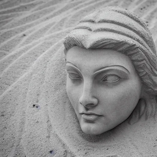 Image similar to the head of a marble cybernetic lady justice statue on ground covered in sand, cyberpunk background, highly detailed, epic lighting, hyper photorealism, 8 k