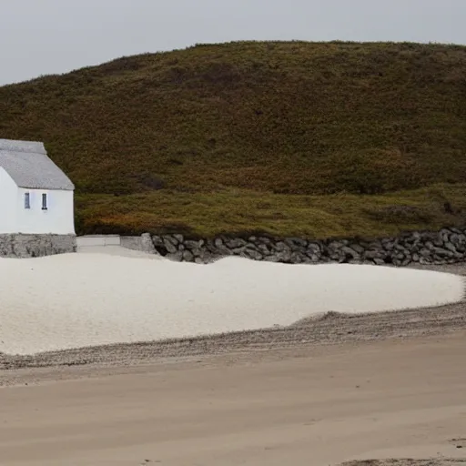 Image similar to a whitewashed cottage on a windswept beach