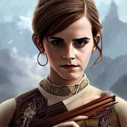 Image similar to Emma Watson as archer, cute, fantasy, intricate, elegant, highly detailed, centered, digital painting, artstation, concept art, smooth, sharp focus, illustration, art by AbyssWolf