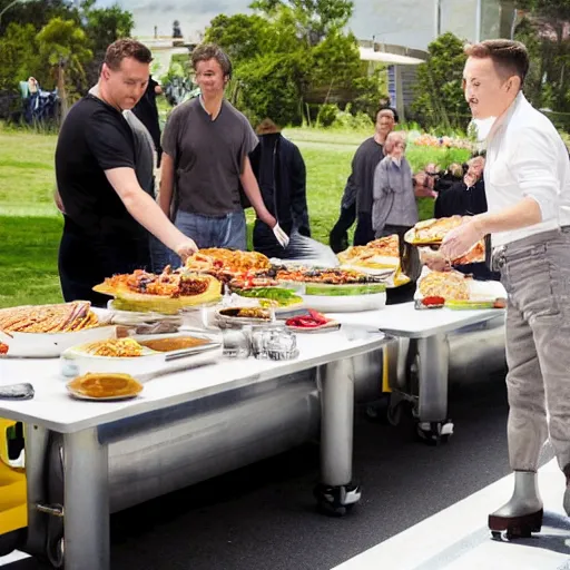 Image similar to Elon Musk serving diner food outdoors on roller skates, and wearing a diner uniform