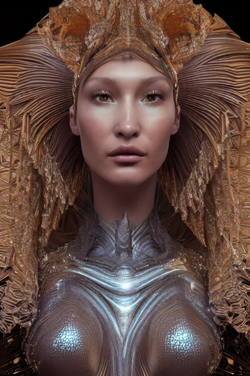 Image similar to a highly detailed metahuman 4 k render close up of an angelic alien goddess bella hadid in iris van herpen dress schiaparelli in diamonds swarovski and jewelry in style of alphonse mucha trending on artstation made in unreal engine 4