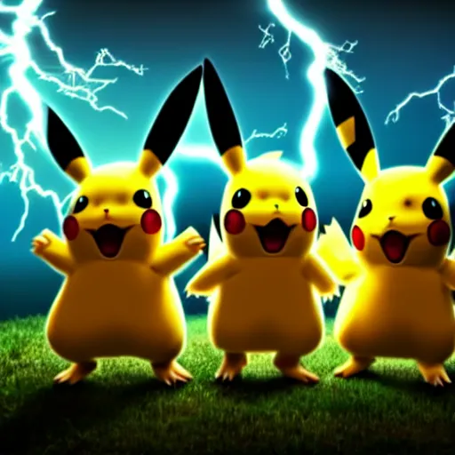 Image similar to three - headed pikachu, realistic, pokemon, hyper realistic, lightning bolts, cinematic lighting