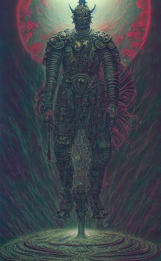 Image similar to an old temple knight in armor, king of hell, inside page of comic book, psychedelic lights and fog, in the style of zdzislaw beksinski, ayami kojima, takato yamamoto, barclay shaw, karol bak, glowing light and shadow, hyperrealist