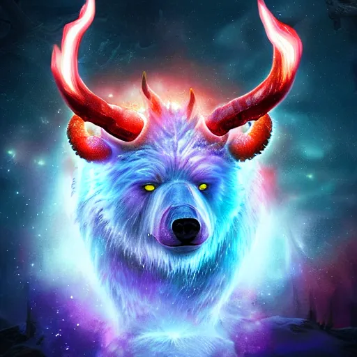 Image similar to epic frost bear, flaming horns, bright red eyes, insanity, long shot angle, despair, highly detailed digital art