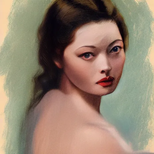 Image similar to Edgar Degas painting of a young beautiful Gene Tierney color studio publicity photo , tight face shot portrait, highly detailed, digital painting, artstation, concept art, illustration, art ,