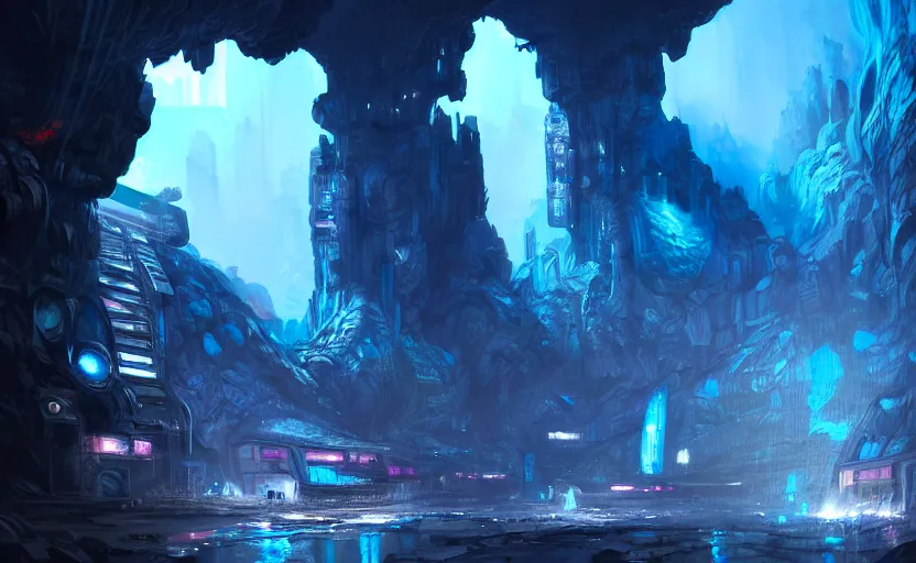 Image similar to cyberpunk factory in a giant dark cave, black rocks cave, detailed cave stones, deep cave, dramatic light, blue crystals, hyper detailed, realistic, intricate, concept art by frank hong, mate painting, artstation