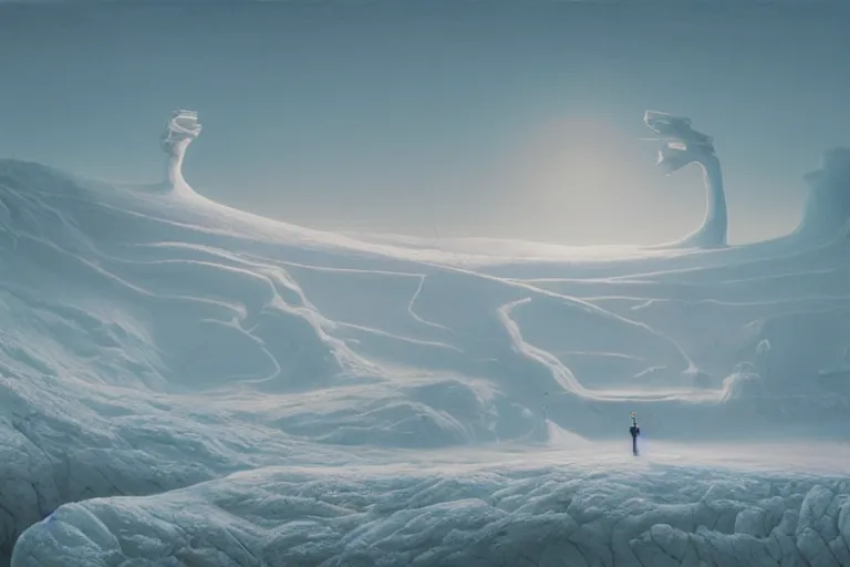 Image similar to surreal frozen landscape, painting by beeple and zdzisław beksinski, a matte painting by li shida, cgsociety, context art, redshift, matte painting, reimagined by industrial light and magic