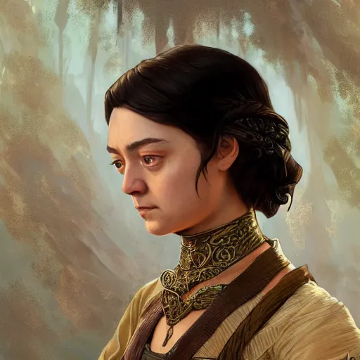 Image similar to portrait of Arya Stark in ancient Java, D&D, MtG art,fantasy, intricate, elegant, highly detailed, digital painting, artstation, concept art, smooth, sharp focus, illustration, art by artgerm and greg rutkowski and alphonse mucha