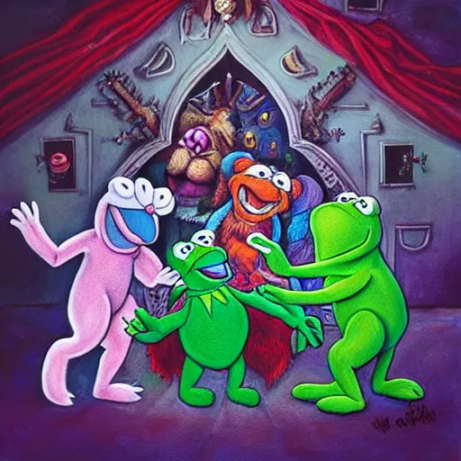 Prompt: “ a detailed painting of the muppets doing an exorcism on a possessed care bear, demonic possession, ominous and dark ritual, divine chaos, surreality, detailed, ultrasharp ”