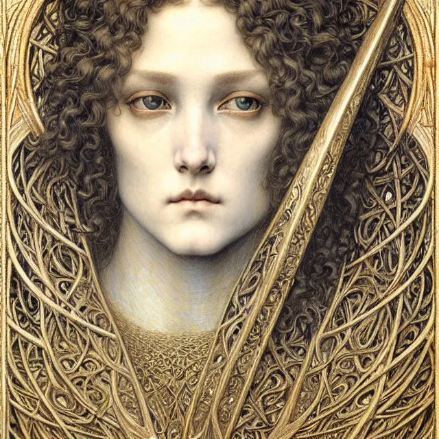 Image similar to detailed realistic beautiful young medieval queen face portrait by jean delville, gustave dore and marco mazzoni, art nouveau, symbolist, visionary, gothic, pre - raphaelite. horizontal symmetry