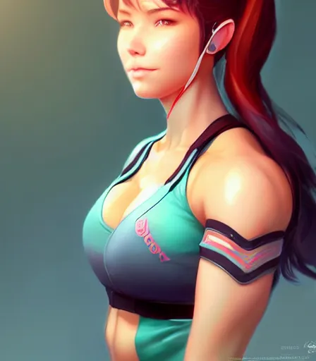 Prompt: beautiful portrait of a gorgeous personal trainer who looks like D. Va , character design by charlie bowater, ross tran, artgerm, and makoto shinkai, detailed, soft lighting, rendered in octane