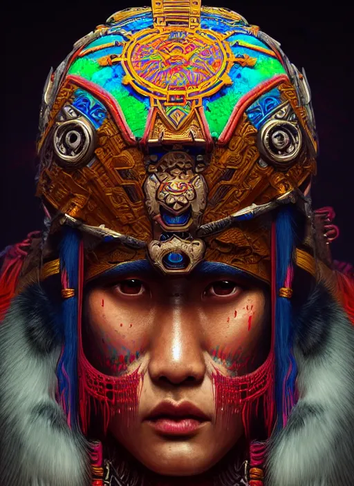 Image similar to portrait of yang yang, hyper detailed ultra sharp aztec shaman warrior. trending on artstation, warpaint aesthetic, bloodwave, colorful, psychedelic, ornate, intricate, digital painting, concept art, smooth, sharp focus, illustration, art by artgerm and greg rutkowski and h. r. giger, 8 k