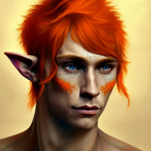 Image similar to portrait painting of an elven eladrin young man with short light orange hair and freckles and tribal tattoos on his cheekbones, sharp focus, award - winning, trending on artstation, masterpiece, highly detailed, intricate. art by merwild and ernesto irawan and rachel denton