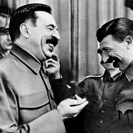 Image similar to stalin laughing along hitler in a ww 2 photograph