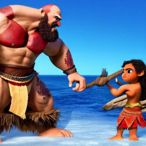 Prompt: kratos fighting with moana rendered by disney