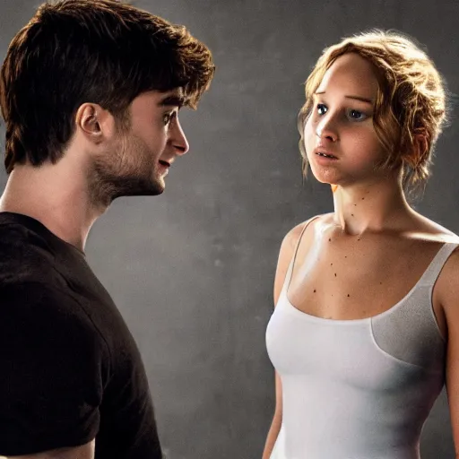 Prompt: side view of jennifer lawrence facing daniel radcliffe as he hyperextends his jaw and opens his mouth in order to swallow her, horror movie poster