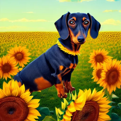 Prompt: portrait of a cute dachshund, in a field of sunflowers, rich vivid colors, ambient lighting, dynamic lighting, 4k, official media, anime key visual, makoto shinkai, ilya kuvshinov, lois van baarle, rossdraws, detailed, trending on artstation