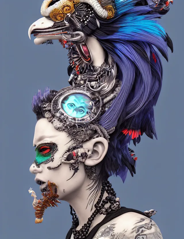 Image similar to 3 d goddess close - up profile portrait punk with mohawk with ram skull. beautiful intricately detailed japanese crow kitsune mask and clasical japanese kimono. betta fish, jellyfish phoenix, bio luminescent, plasma, ice, water, wind, creature, artwork by tooth wu and wlop and beeple and greg rutkowski