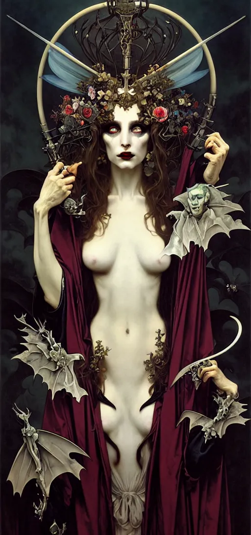 Image similar to baroque oil painting portrait of vampire queen in gothic robes with bat wings, by peter mohrbacher, alphonse mucha, brian froud, yoshitaka amano, kim keever, victo ngai, james jean