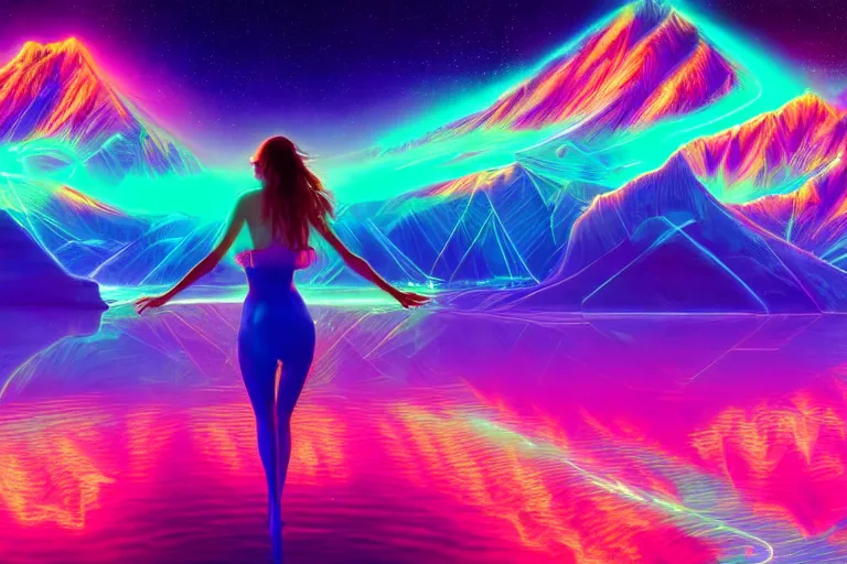 Image similar to wide ((wide)) photo of surreal beautiful beautiful woman (((dynamic neon lighting)) in chromatic dmt trippy lake with glowing birds, mountains, elegant, highly detailed, sharp focus, illustration, beautiful, geometric, trending on artstation, cinematic, artwork by Tran, Ross and Aivazovsky, Ivan