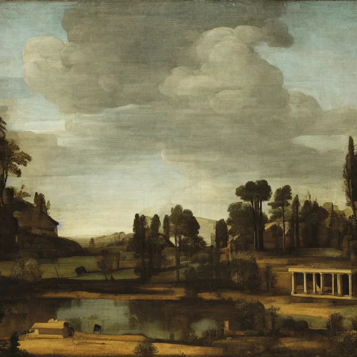 Prompt: a building in a serene landscape, by raphael