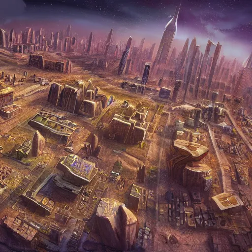 Image similar to matte painting of a sprawling city on the surface of bajor, by syd dutton