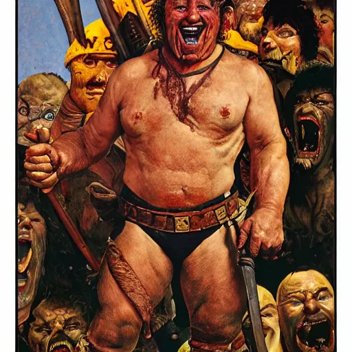 Image similar to portrait of a grinning barbarian, ultra detailed, style of norman rockwell, style of richard corben, 4 k, crispy.