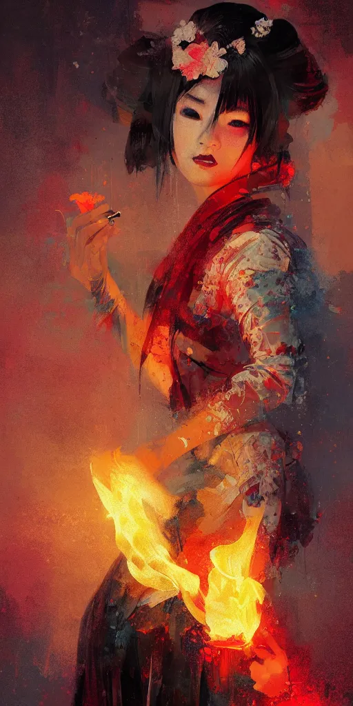 Prompt: female geisha girl holding a colorful flame, beautiful face, colourful, rule of thirds, intricate outfit, spotlight, by greg rutkowski, by jeremy mann, digital painting