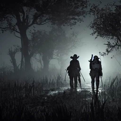 Image similar to hunters from hunt showdown walking through a swamp at night, full moon, vegetation, horror, back lighting, realistic details