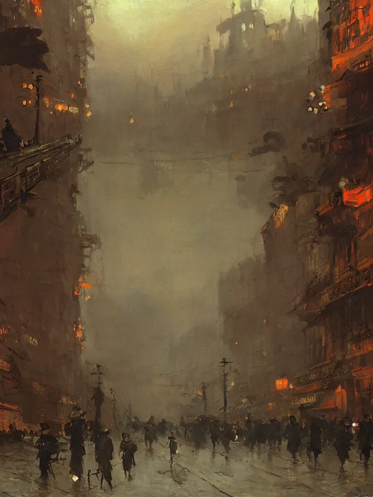 Image similar to a large dieselpunk city street at dusk in russia during the 1 9 1 0 revolution, craig mullins, winslow homer