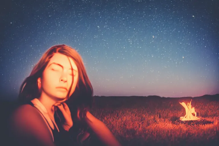 Image similar to blured shadow of sleepy young woman on white light, focused background blue night sky with stars and orange campfire, polaroid photo