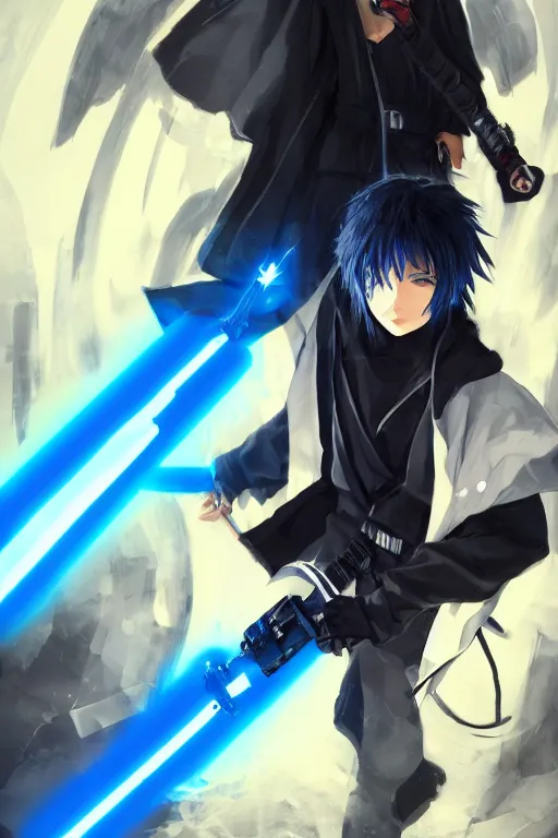 Image similar to anime boy with messy blue hair wearing black long jacket, holding a dual blade lightsaber, WLOP, concept art, digital painting, trending on artstation, highly detailed, epic composition, 8k UHD