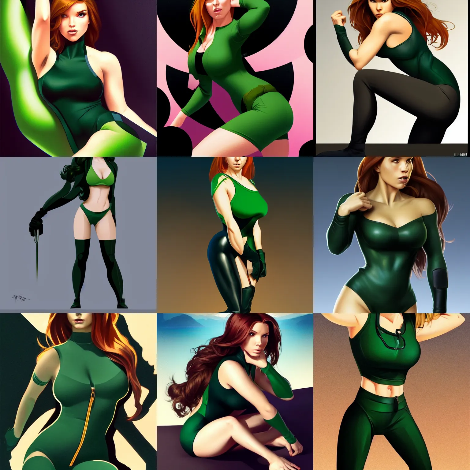 Prompt: striking character concept portrait, kim possible, sitting with wrists together, dark green swimsuit with zipper, slim, curvaceous. detailed expression, high quality, very dark lighting, many shadows, high contrast, fantasy, reflective suit, spotlight. digital artwork by artgerm and wlop and alex ross and alphonse mucha, trending on artstation
