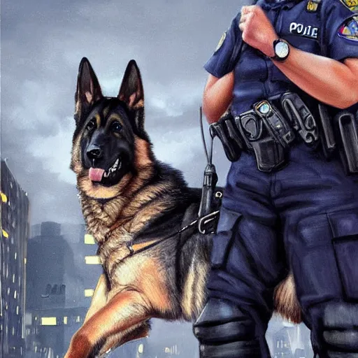 Image similar to police officer riding a giant German shepherd in the city, trending on artstation