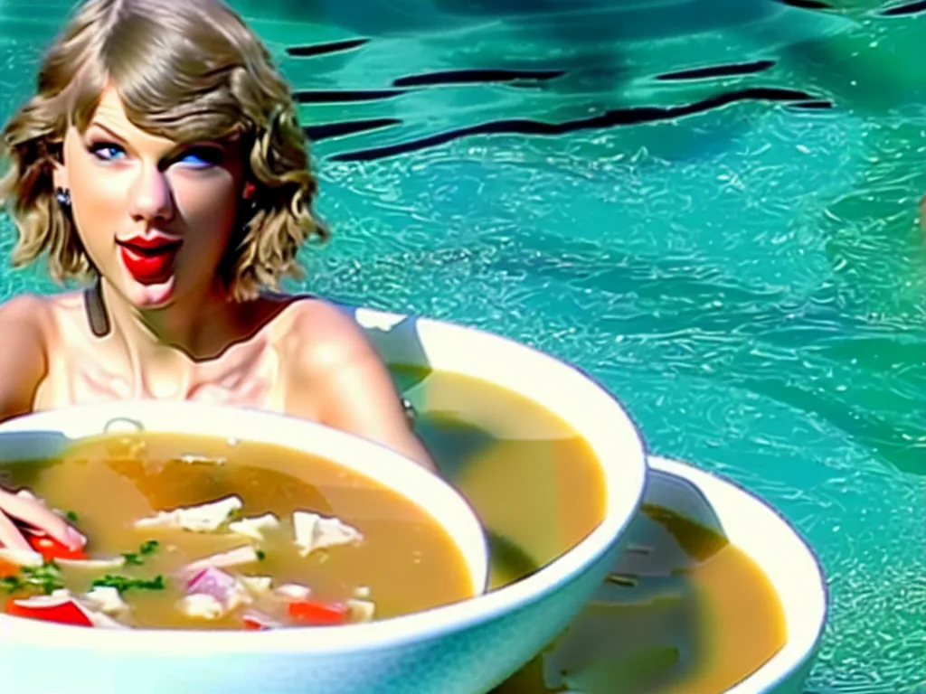 Image similar to taylor swift swimming in a bowl of soup