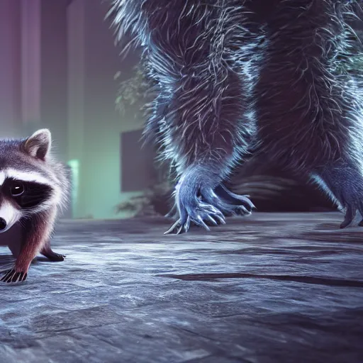 Image similar to a hyperrealistic 3 d octane render of a raccoon taking a photograph, photorealism, unreal engine, dramatic lighting, volumetric lighting, uplighting