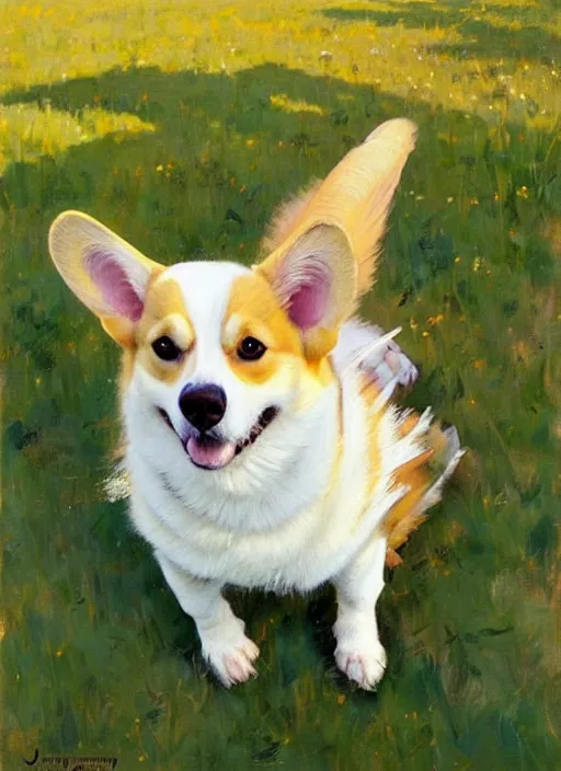 Image similar to Greg Manchess painting of a Corginian, countryside, calm, fantasy character portrait, dynamic pose, above view, sunny day, artwork by Jeremy Lipkin and Giuseppe Dangelico Pino and Michael Garmash and Rob Rey, very coherent asymmetrical artwork, sharp edges, perfect face, simple form, 100mm